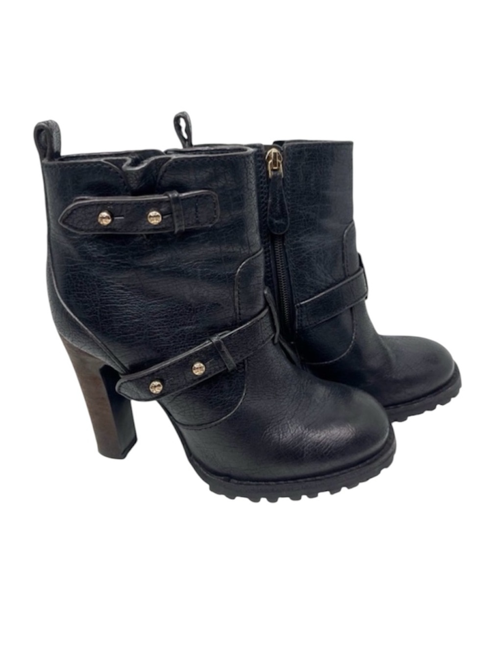 Tory Burch Landers Moto High Heel Black Textured Leather Ankle Boots